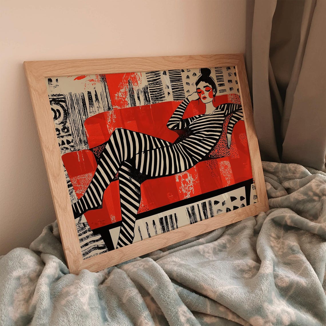 Woman Relaxing On Red Orange Couch Art Print - Image 3