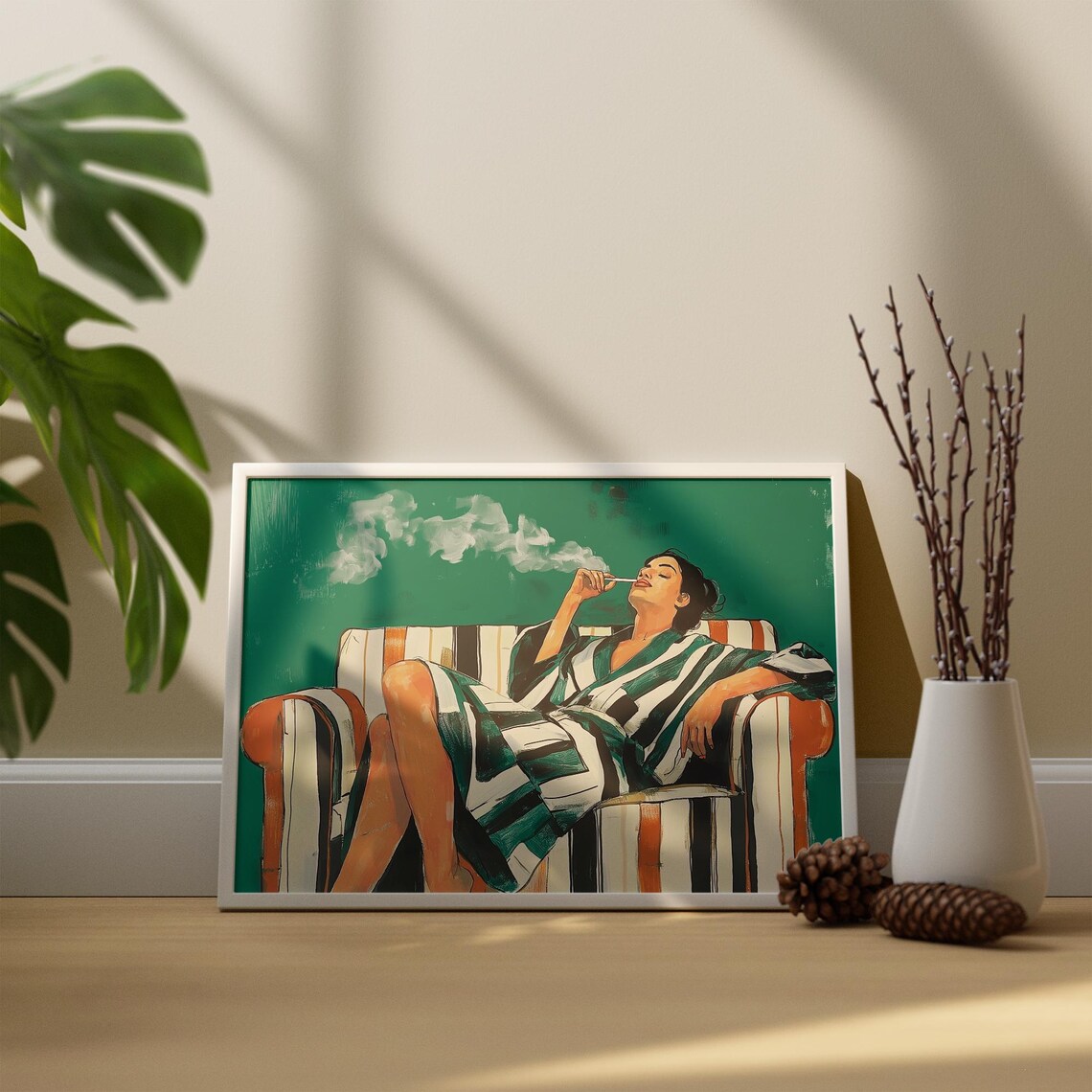 Emerald Green Woman Smoking in Striped Robe Vintage Style Poster - Image 3