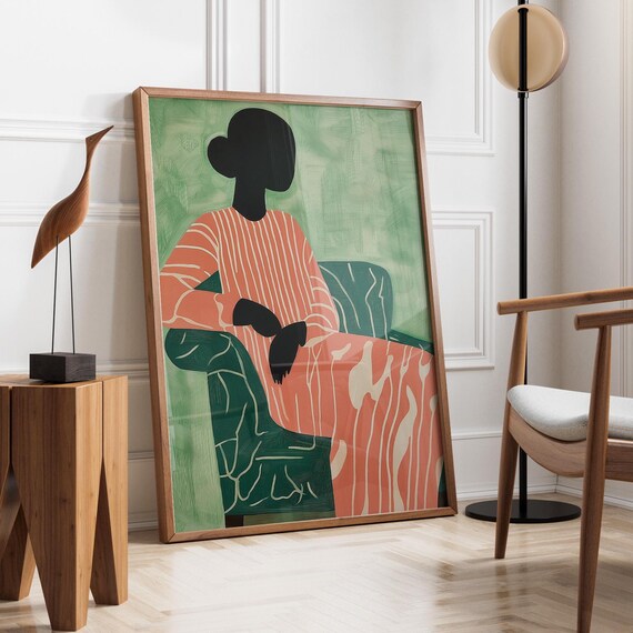 Seated Woman Silhouette in Coral Striped Dress on Green Poster