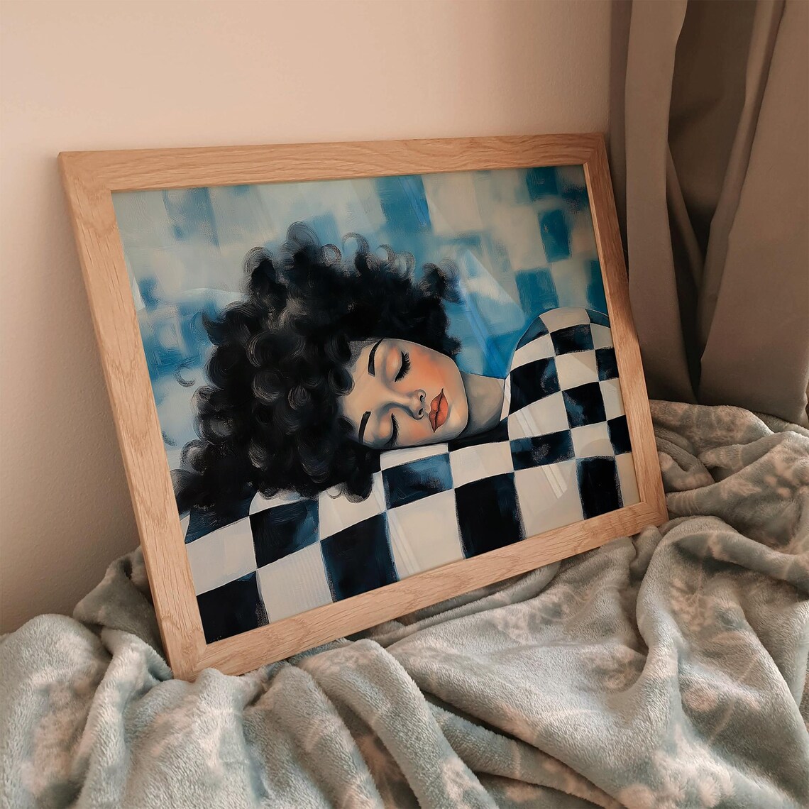 Sleeping Woman with Curly Hair on Blue Checkerboard Art Poster - Image 3