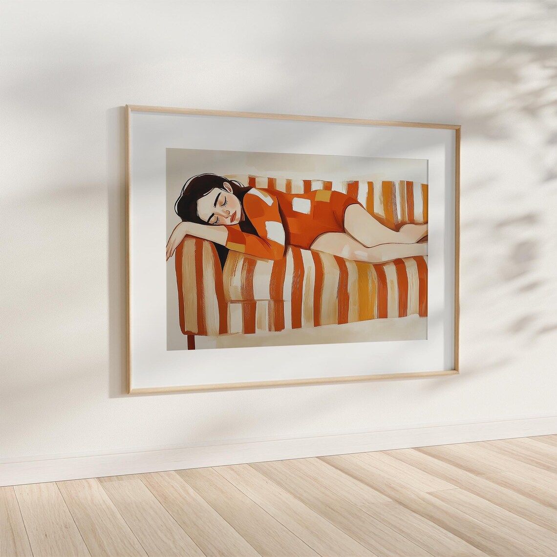 Woman Resting on Orange Striped Sofa in Retro Swimsuit Poster - Image 4