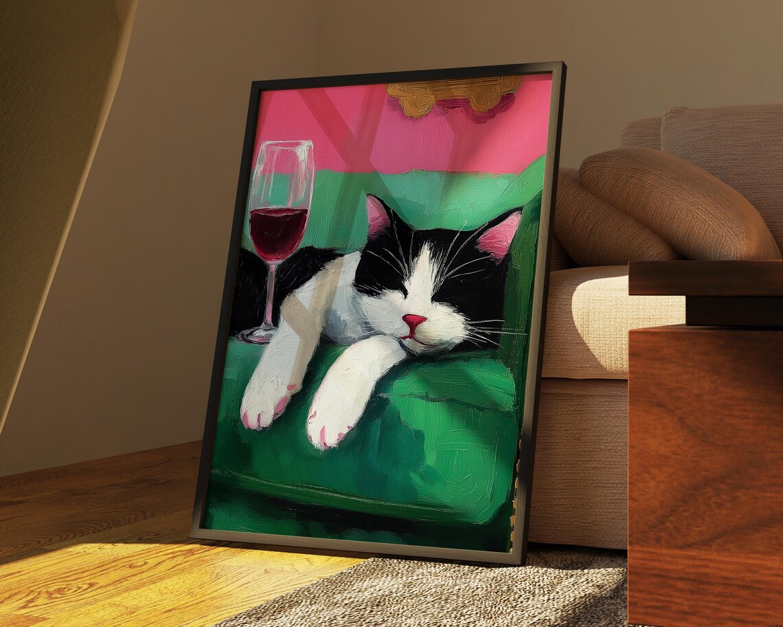 Sleepy Cat Lounging Beside A Glass Of Red Wine On Green Wall Art - Image 2