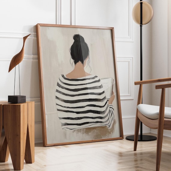 Striped Dress Woman Reading, Minimalist Abstract Portrait
