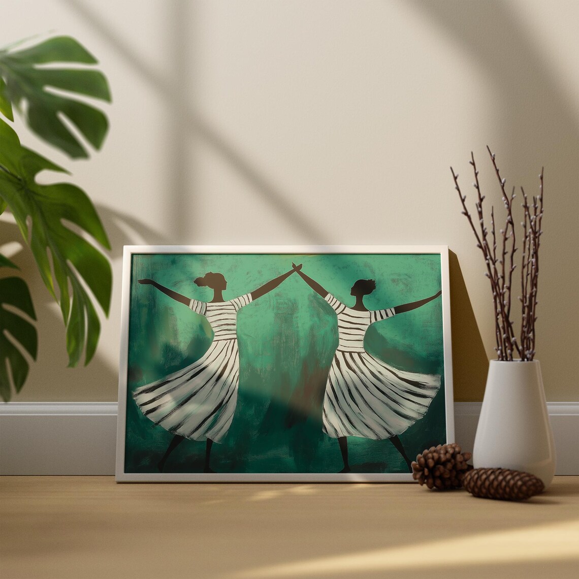 Two Dancers Holding Hands Leaping in Emerald Green Modern Poster - Image 3