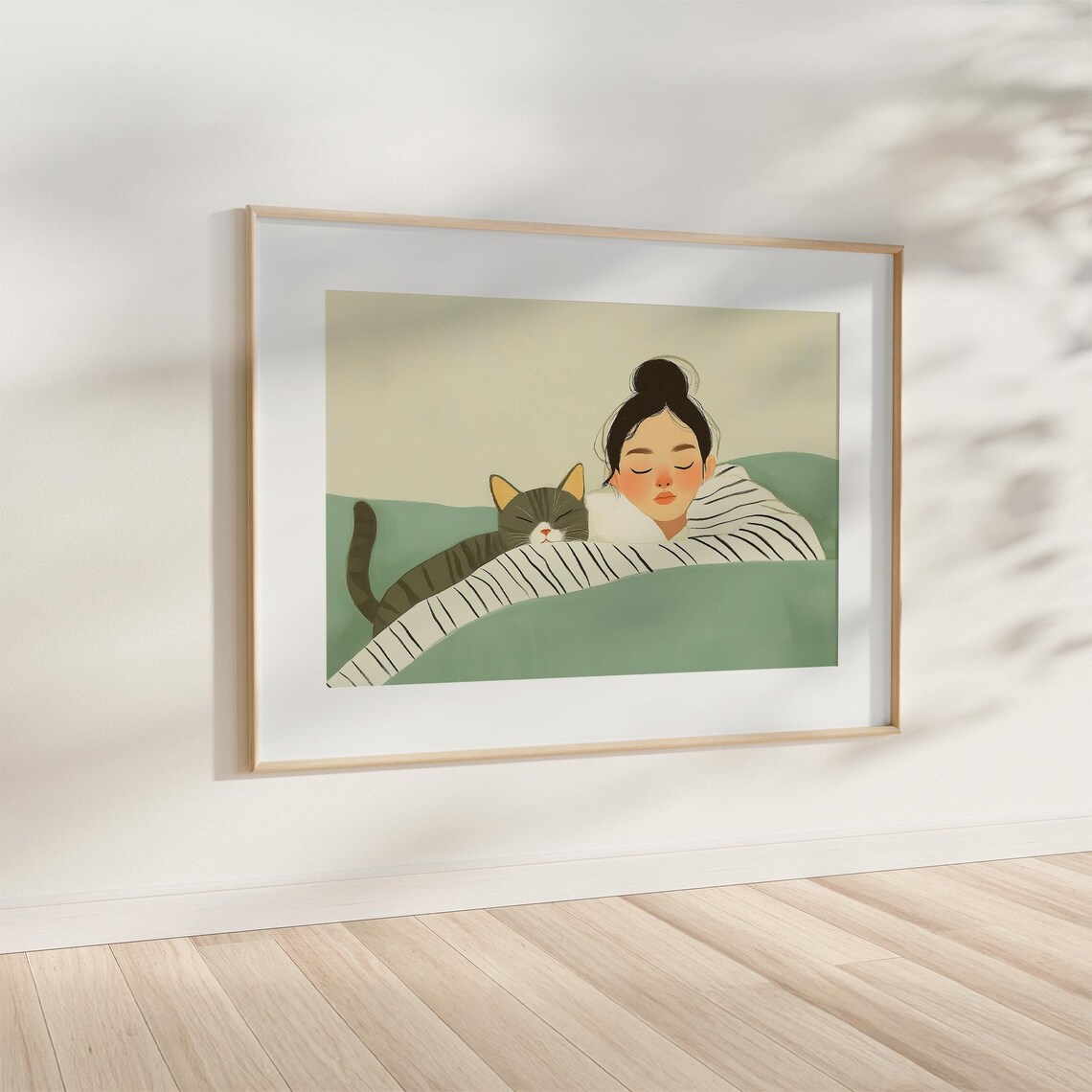 Sleeping Woman Cuddling Tabby Cat Under A Green Blanket Poster - Image 4