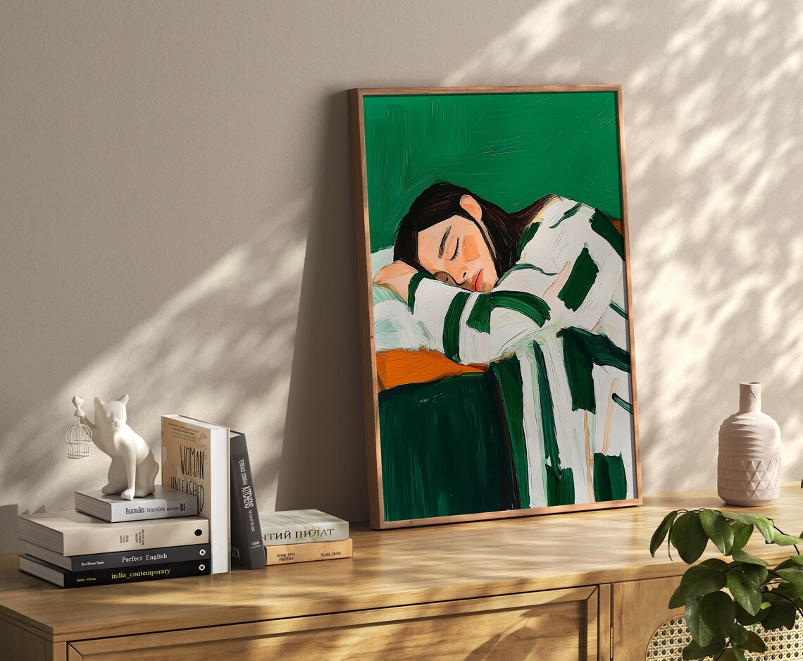 Sleeping Woman Wrapped in Green Stripes Emerald Cozy Rest Art Poster - Image 3