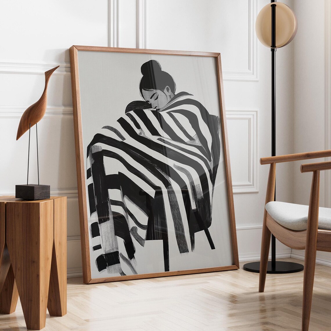 Abstract Ink Portrait Of Sleeping Woman Wrapped In Black And White Print