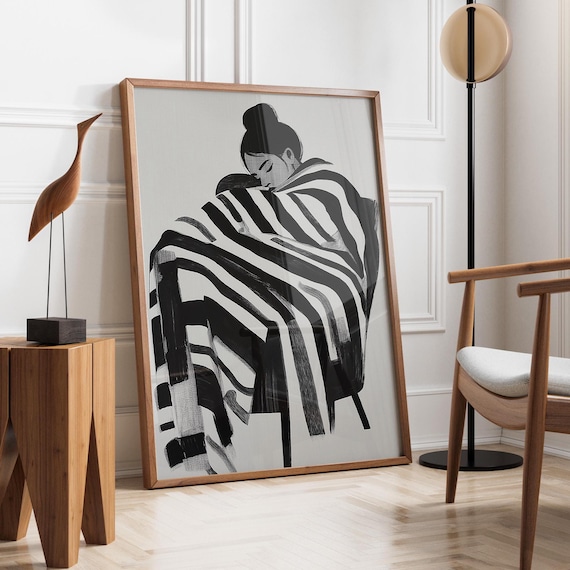 Abstract Ink Portrait Of Sleeping Woman Wrapped In Black And White Print