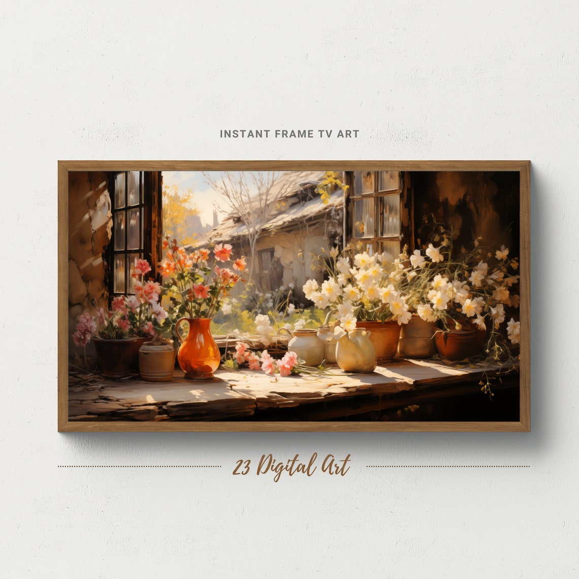 Sunlit Windowsill Flower Pots Cottage Floral Still Life Art Poster