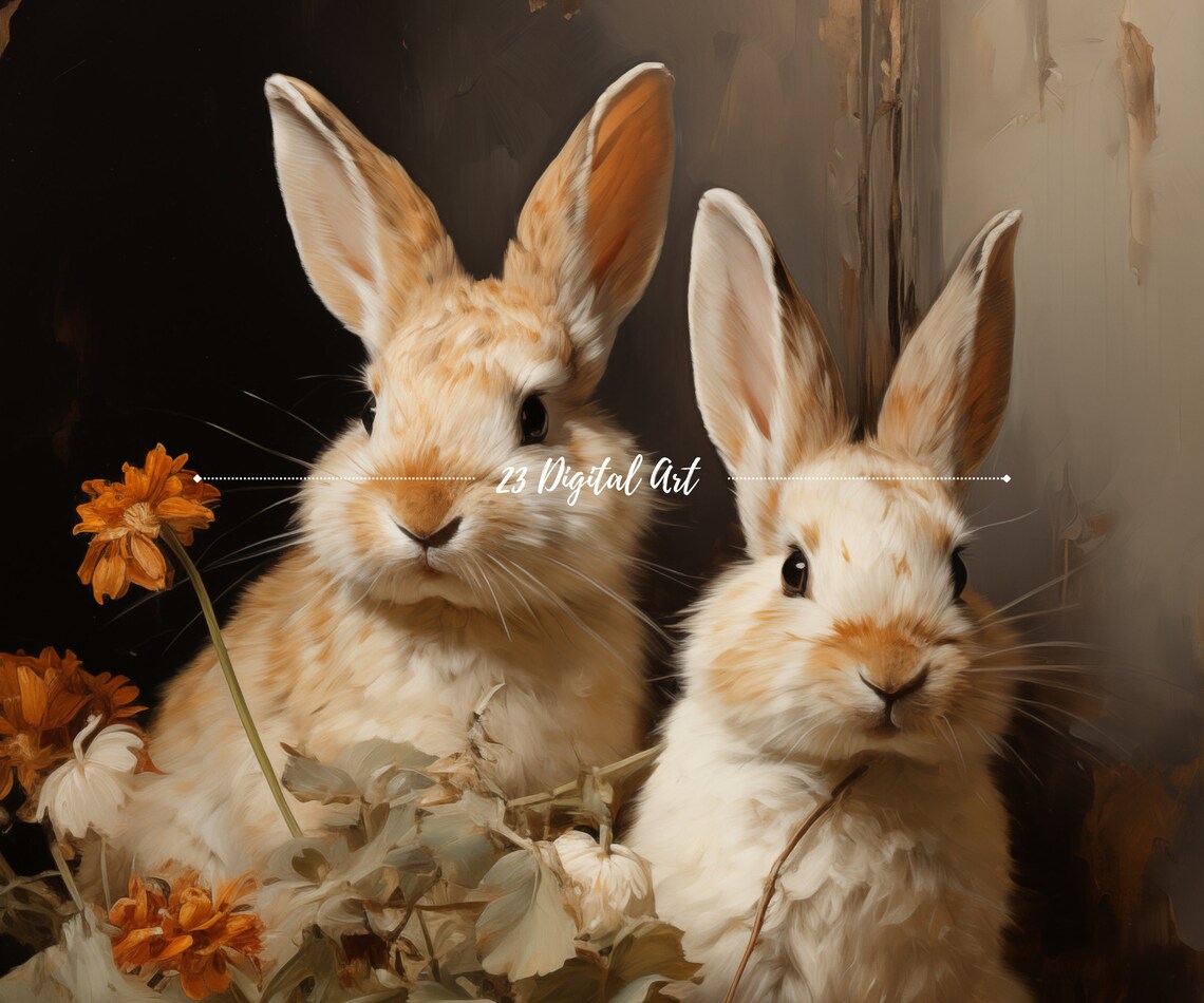 Two Bunnies Vintage Portrait Orange Flowers Dark Wall Art Print Poster - Image 5