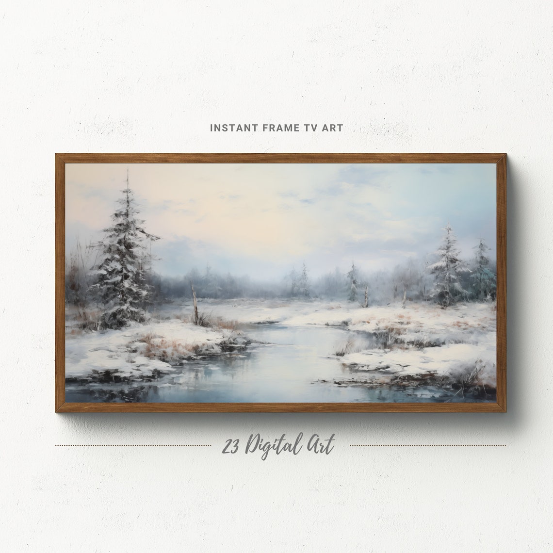 Snowy Winter Stream Pine Trees Misty Landscape Winter Art Poster