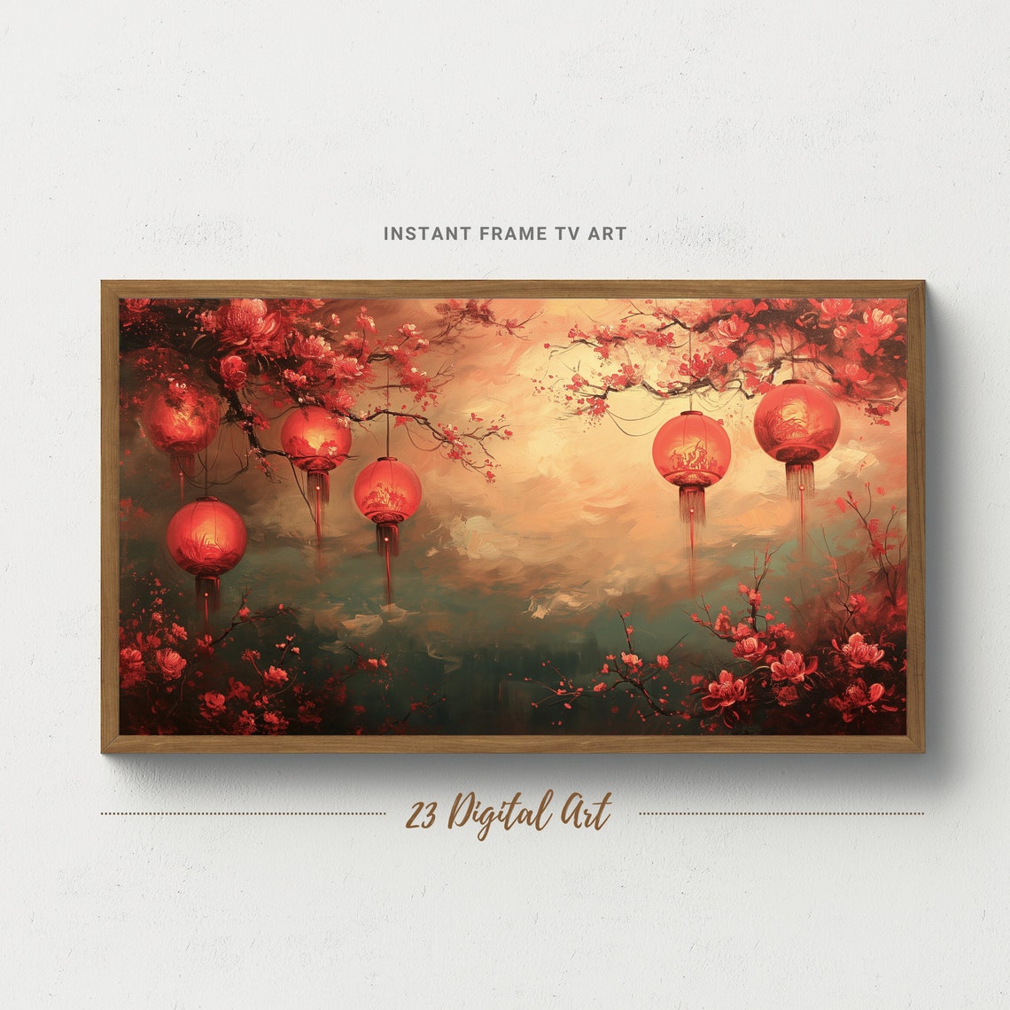 Red Lanterns Cherry Blossom Branches Misty Water Painting Print