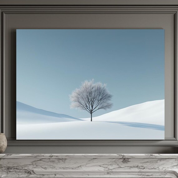 Minimalist Frost Covered Tree In Vast Snowfield Landscape Print