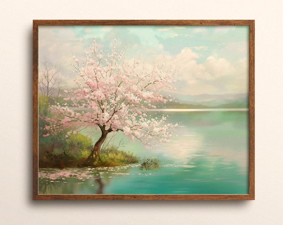 Cherry Blossom Tree On A Lake Oil Painting Print Countryside Lake Farmhouse Vintage Dcor Cherry Blossom Wall Art Nature Art