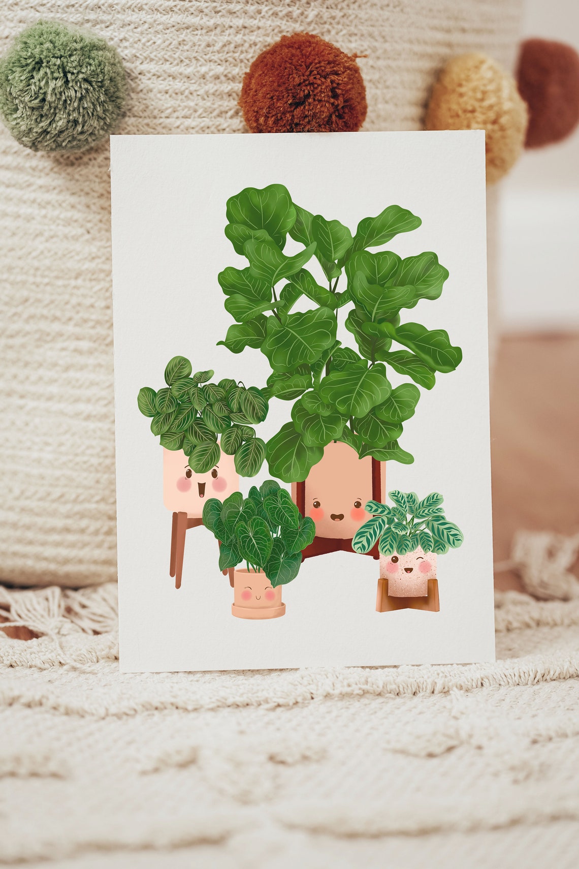Tall Fiddle Leaf Fig And Smiling Plant Friends Happy Group Poster - Image 3