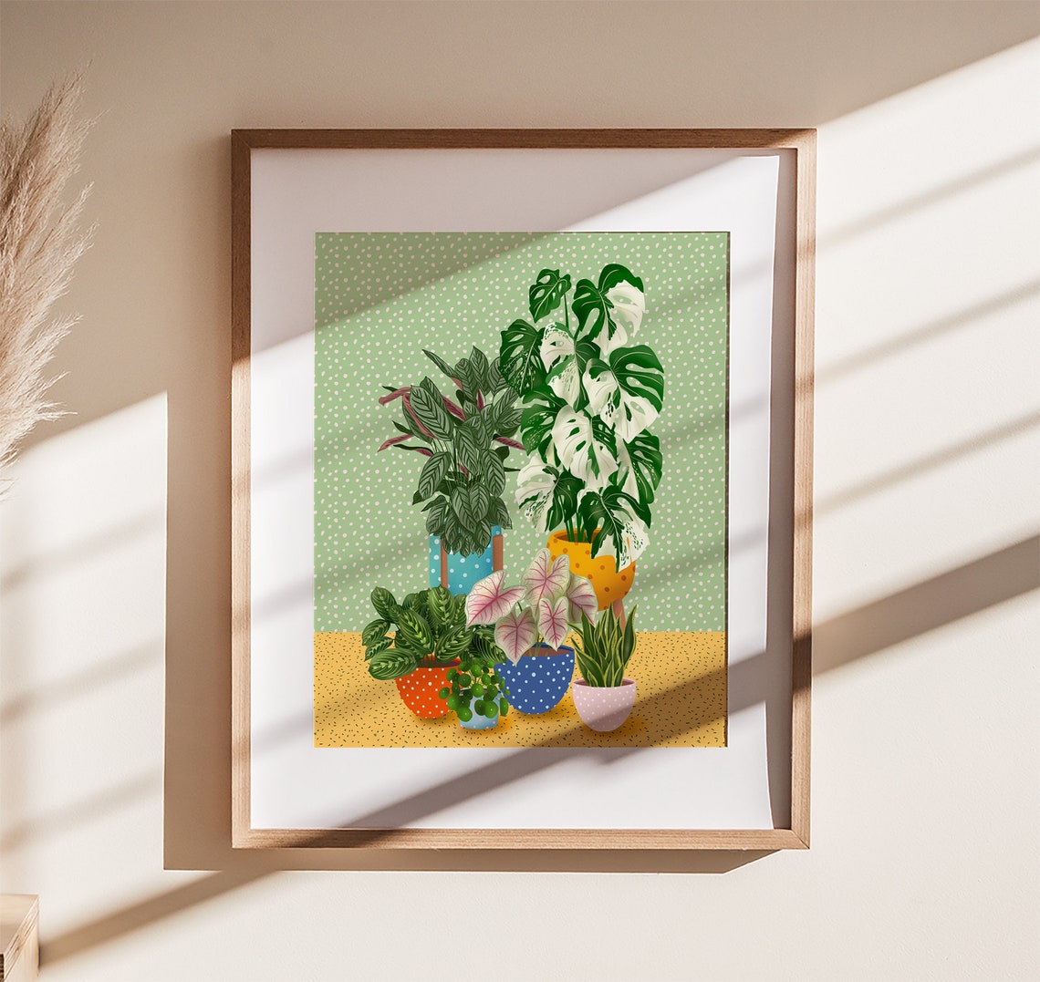 Variegated Monstera And Houseplants On Green Polka Dot Art Poster