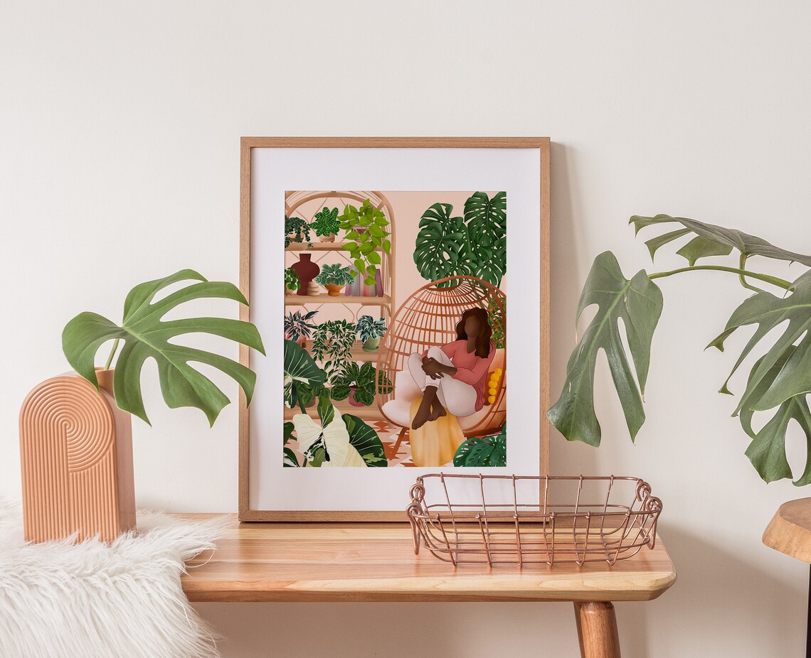 Woman In Rattan Egg Chair In Lush Greenhouse Room Illustration Poster - Image 2