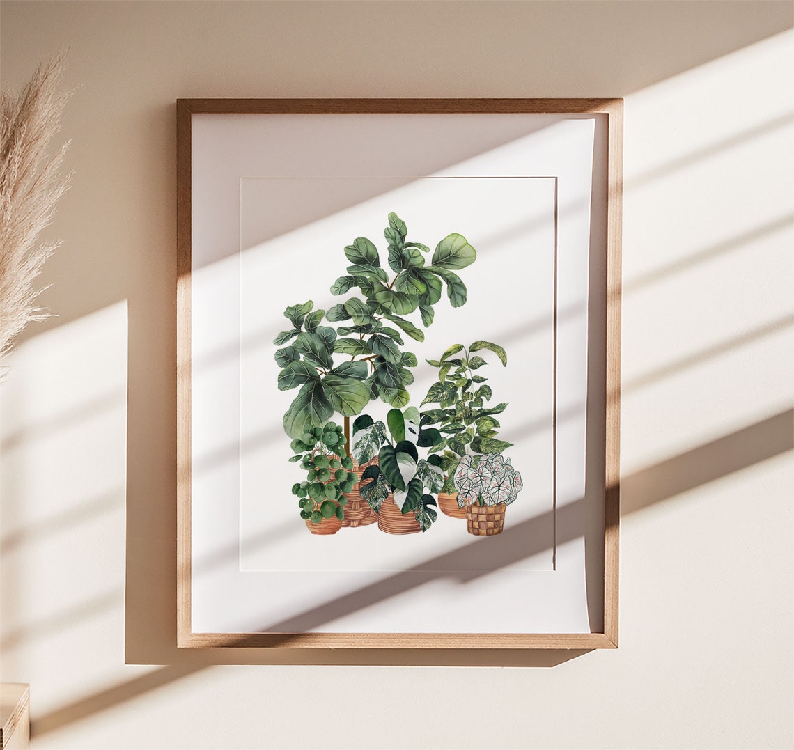 Fiddle Leaf Fig Pilea Watercolor Botanical Houseplant Group Poster