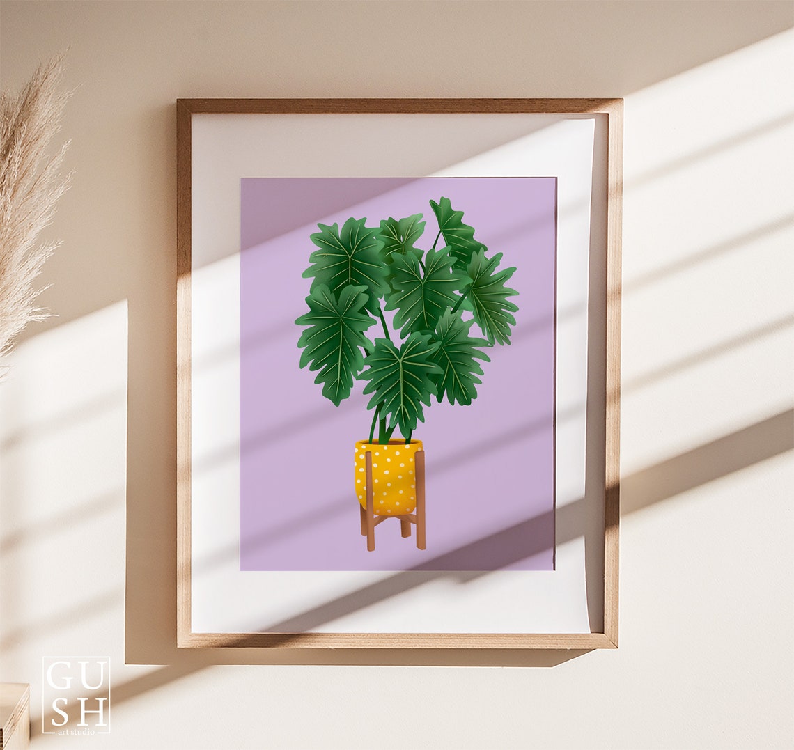 Philodendron Xanadu Print Yellow Dotted Pot Lavender Background