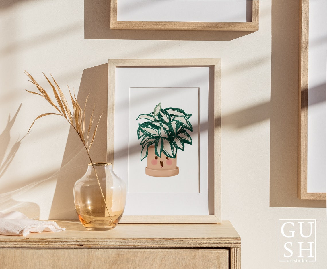 Variegated Dracaena in a Smiling Peach Pot Cute Houseplant Poster - Image 2