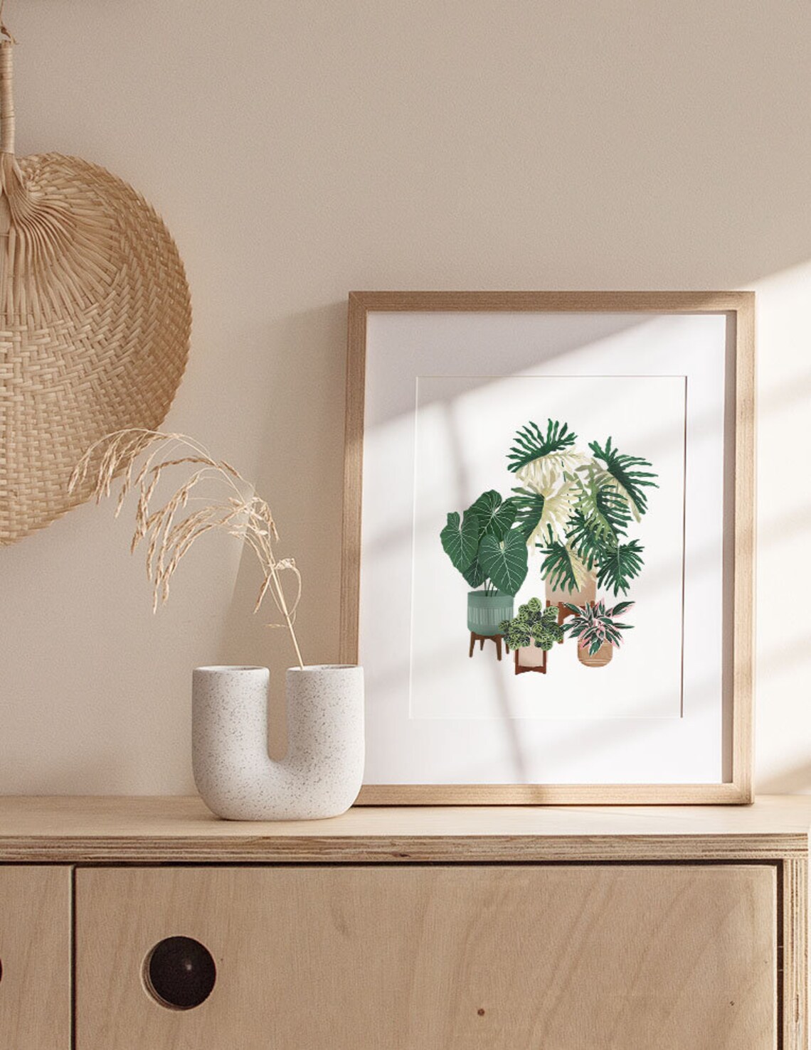 Tropical Houseplant Collection On Wooden Stools Botanical Art Print - Image 3