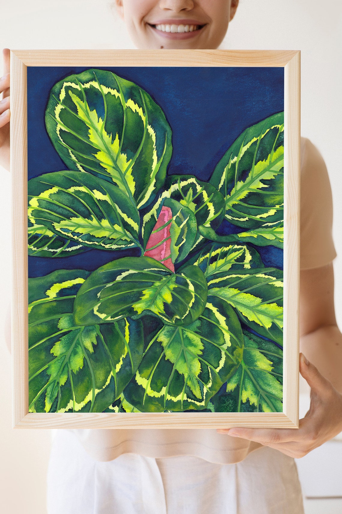 Calathea Roseopicta Variegated Leaves On Navy Watercolor Art Poster - Image 3