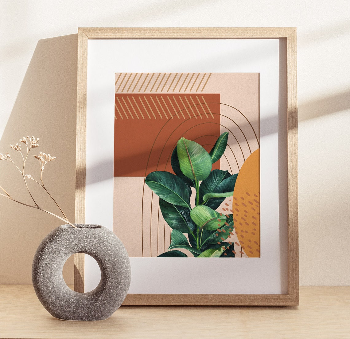 Ficus Elastica Rubber Plant Botanical Print Terracotta Abstract Leaves - Image 2