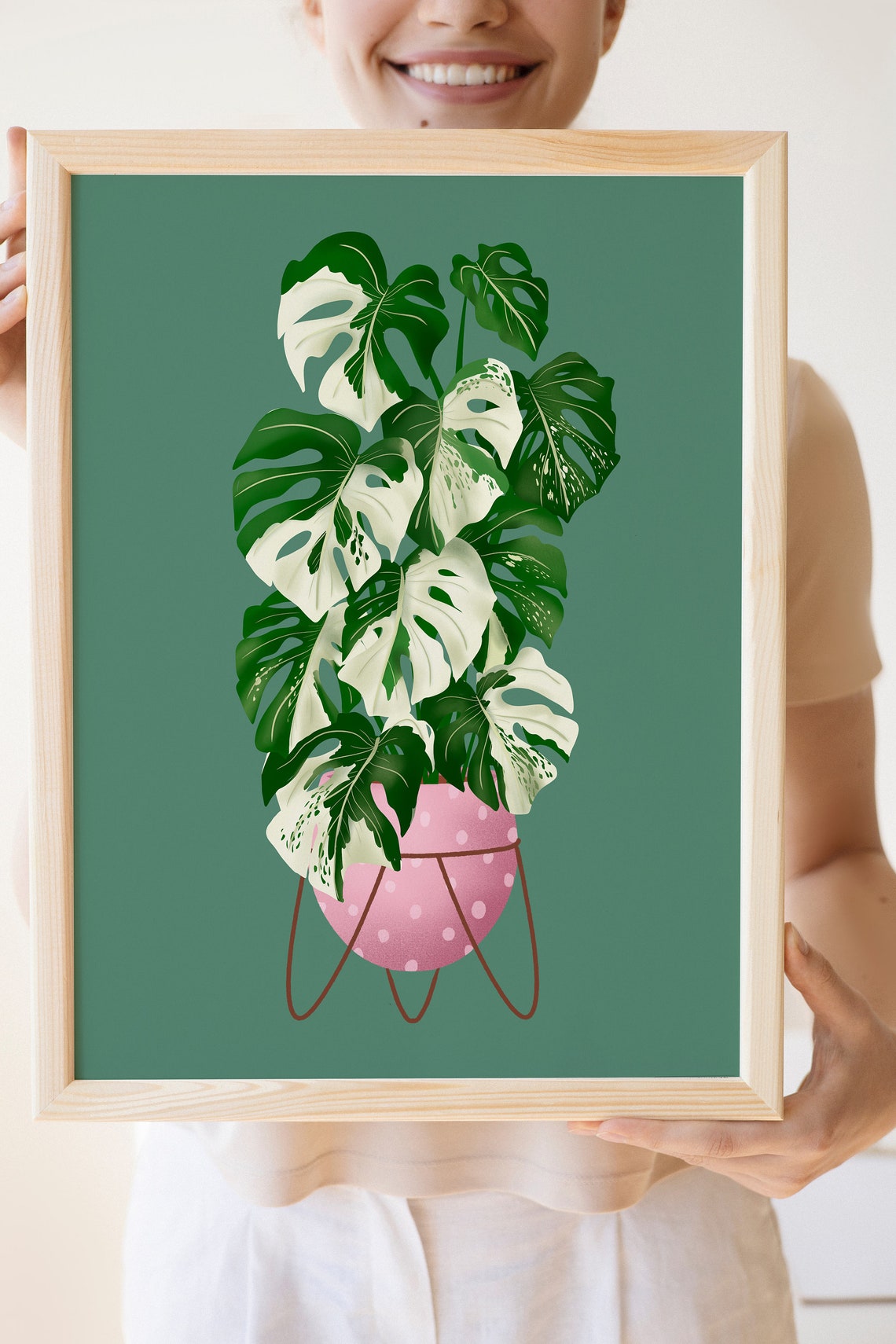 Variegated Monstera Print Pink Dotted Pot Deep Green Background - Image 2
