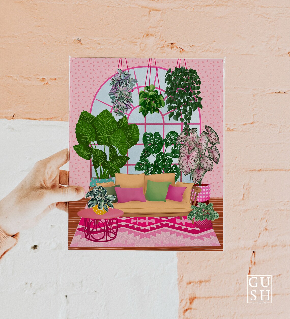 Pink Living Room With Sofa And Hanging Plants Illustration Art Poster