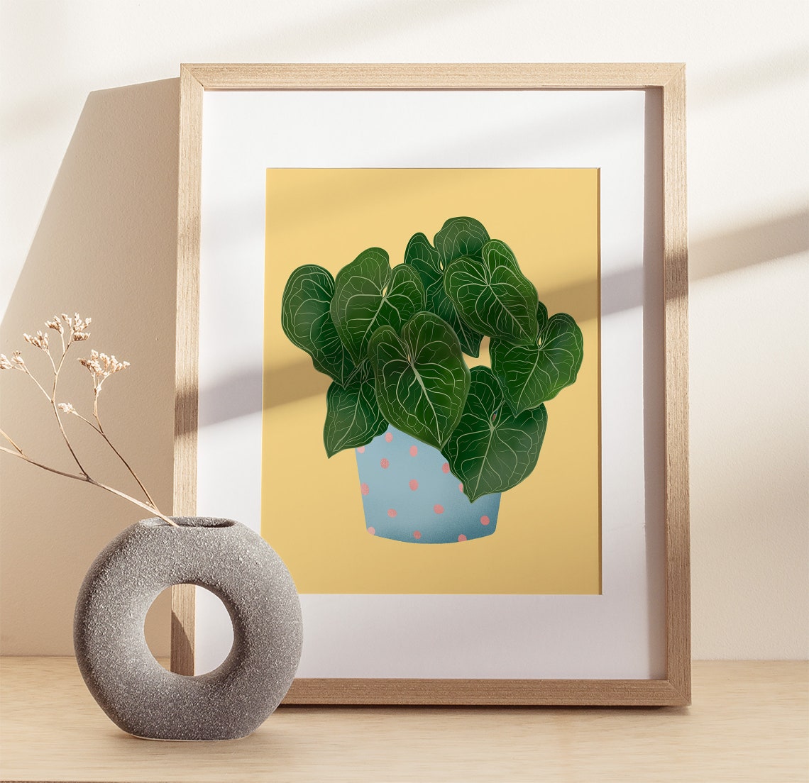 Anthurium Plant Print Blue Dotted Pot Mustard Background Decor Art