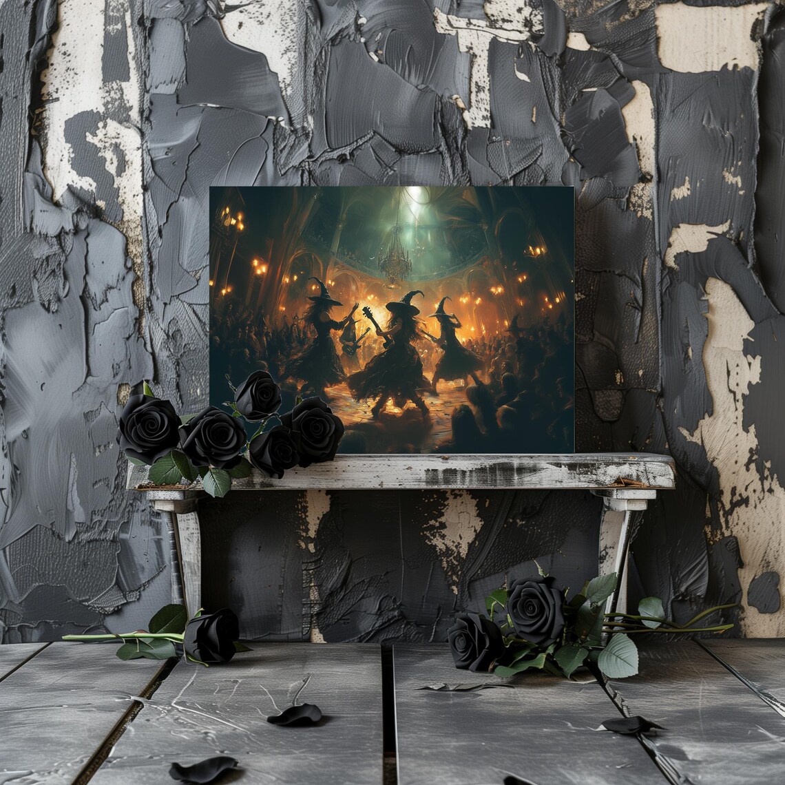 Witches Playing Guitar and Dancing in a Candlelit Tavern Fantasy Wall Art