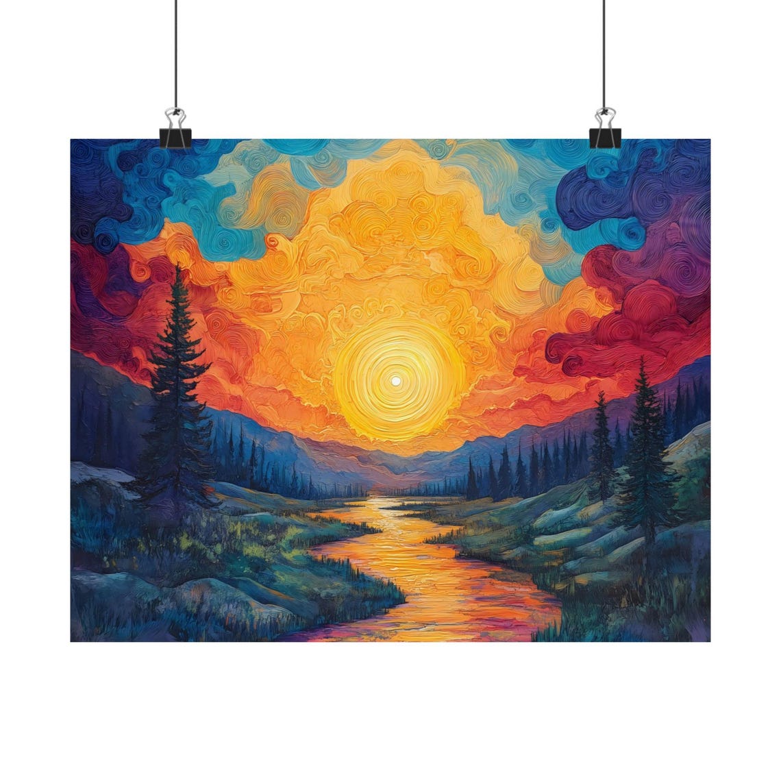 Golden Psychedelic Sunset Sun Over River Pines Wilderness Poster
