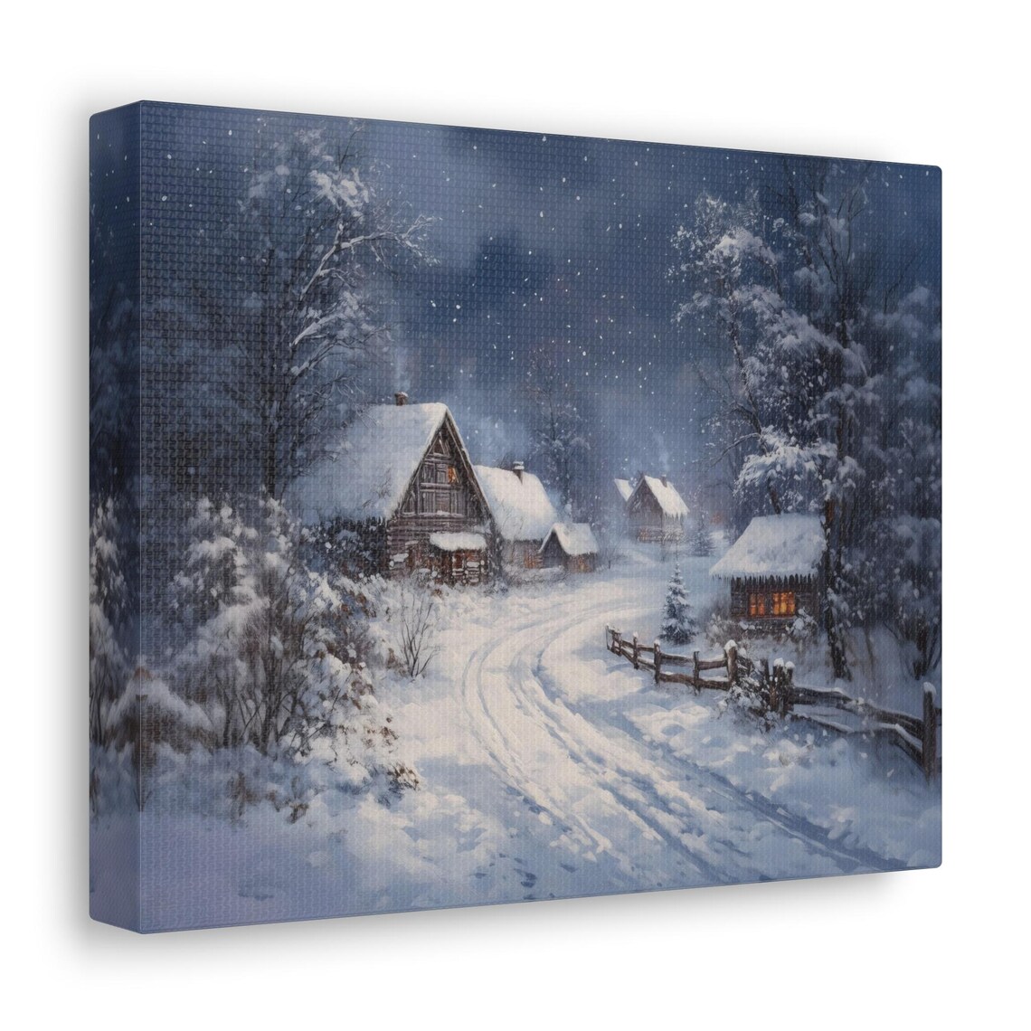 Snowy Country Road Through Glowing Village Cabins Winter Landscape Wall Art - Image 2
