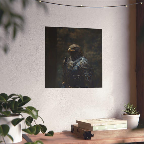 Maximalist Eclectic Medieval Golden Eagle Knight Poster Print Bold Altered Animal Portrait Fantasy Fun Colorful Renaissance Rustic Art
