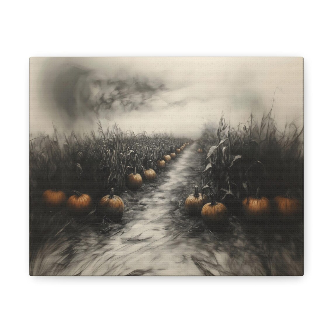Moody Charcoal Pumpkin Field Path Dark Autumn Halloween Landscape Poster - Image 2