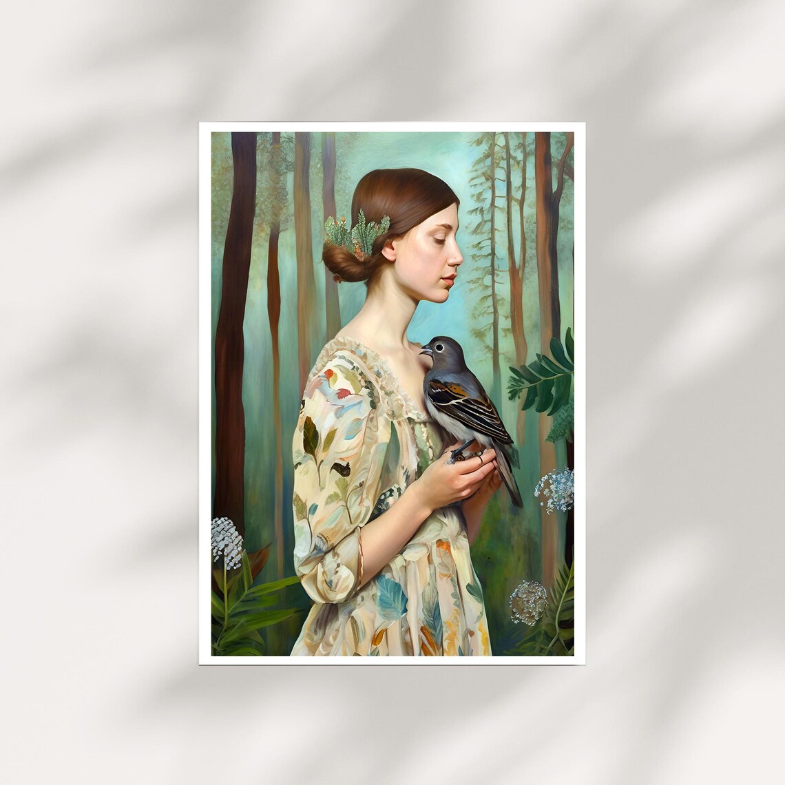 Woman In Forest Holding Bird Floral Dress Botanical Art Poster - Image 3