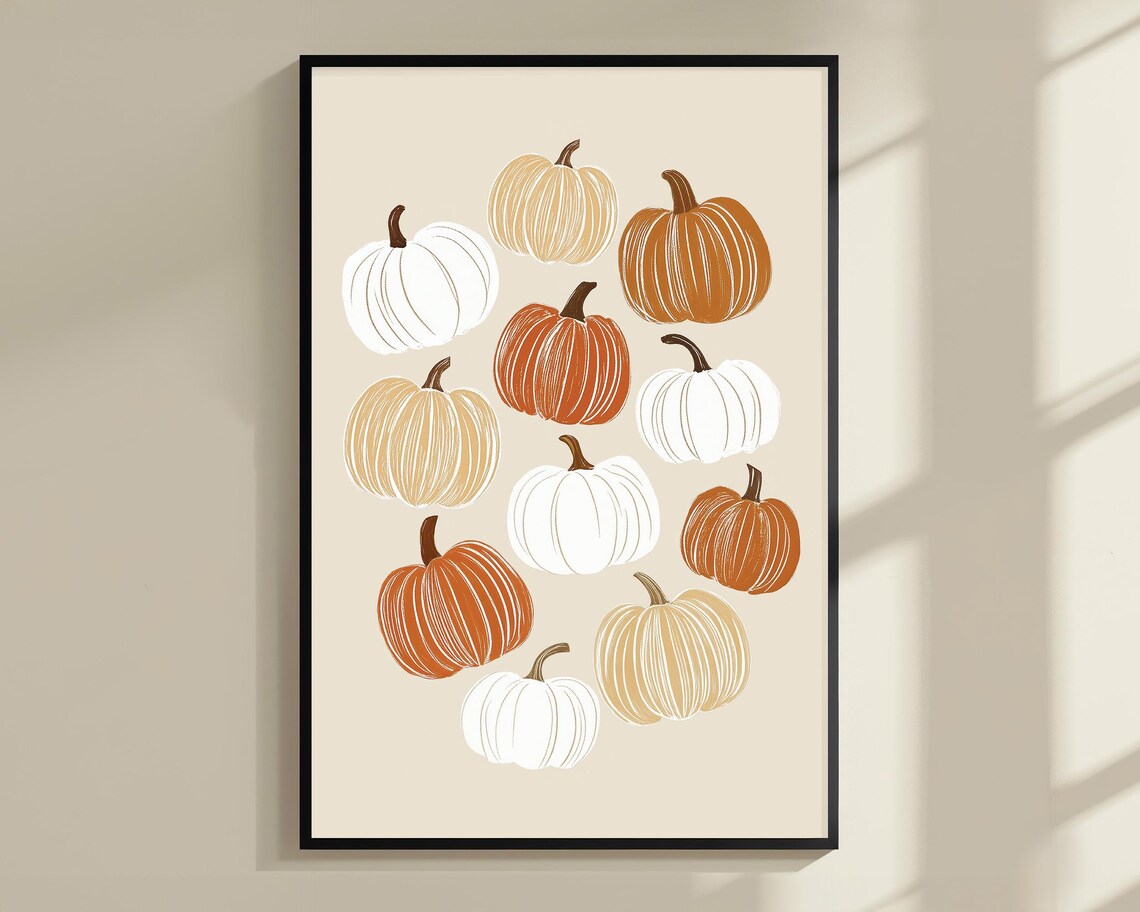 Hand Drawn Pumpkin Set Neutral Beige White Orange Fall Autumn Decor Poster