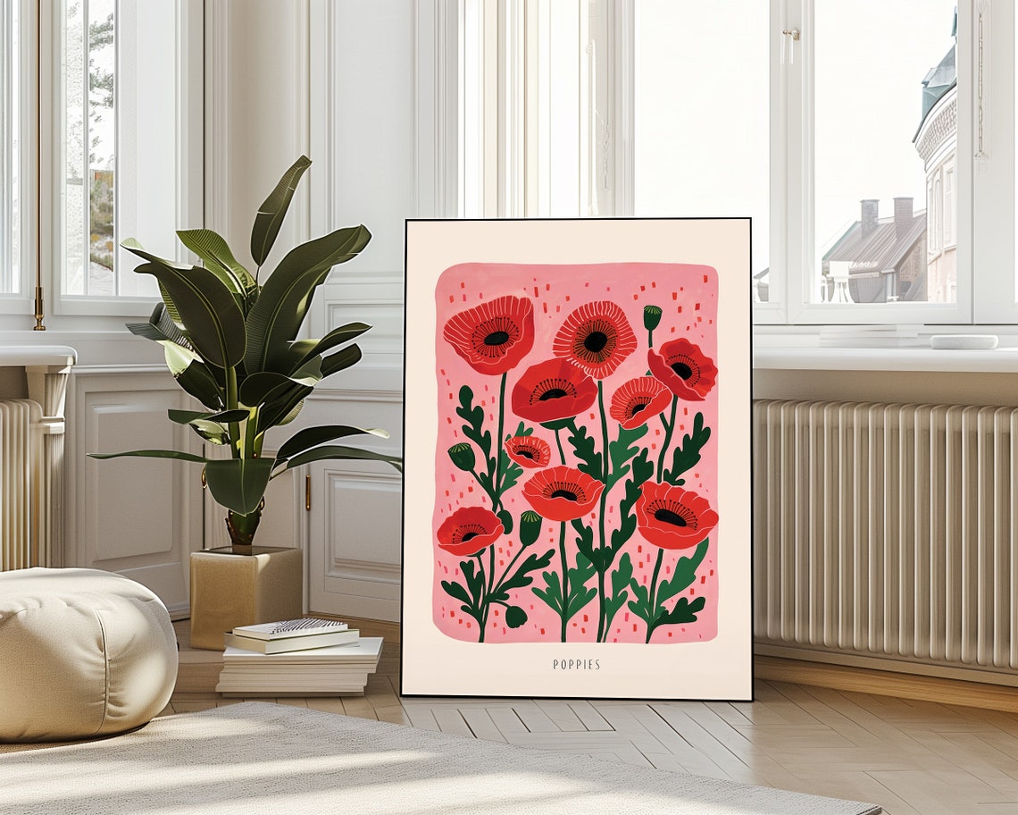 Red Poppy Botanical Illustration Pink Background Floral Bloom Poster - Image 4