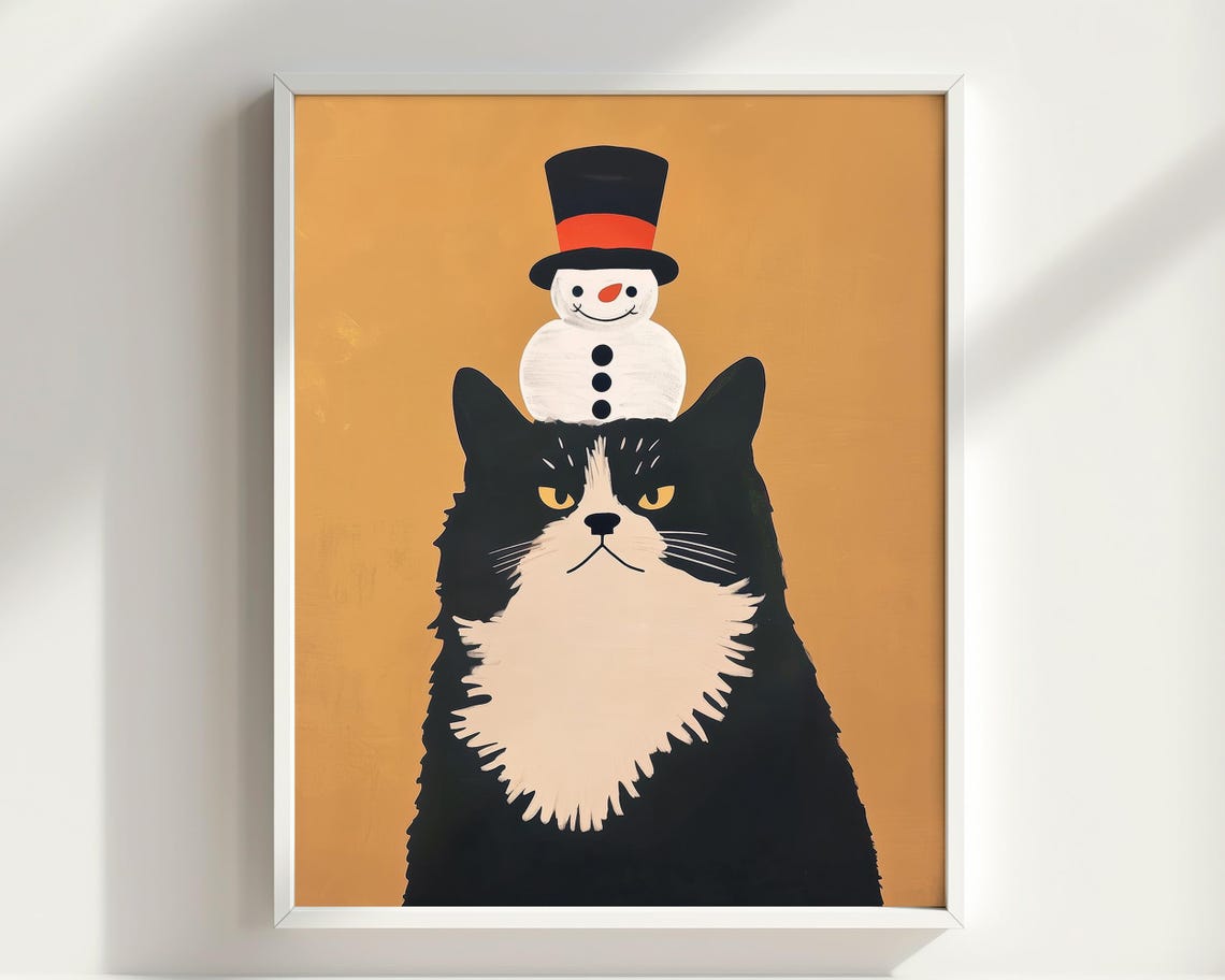 Black Tuxedo Cat Snowman Hat Funny Christmas Holiday Wall Art - Image 2