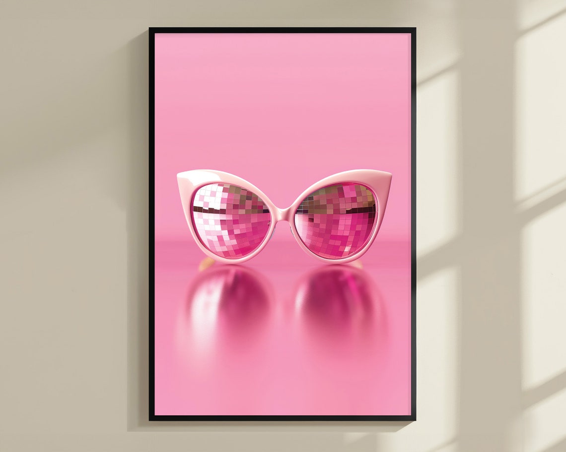 Pink Cat Eye Sunglasses Disco Ball Lenses Retro Glam Party Poster