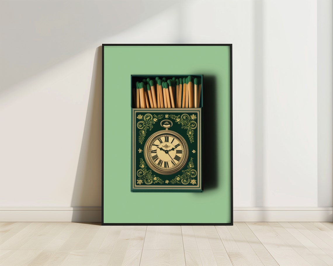 Vintage Pocket Watch Matchbox Retro Green Matchbook Art Poster