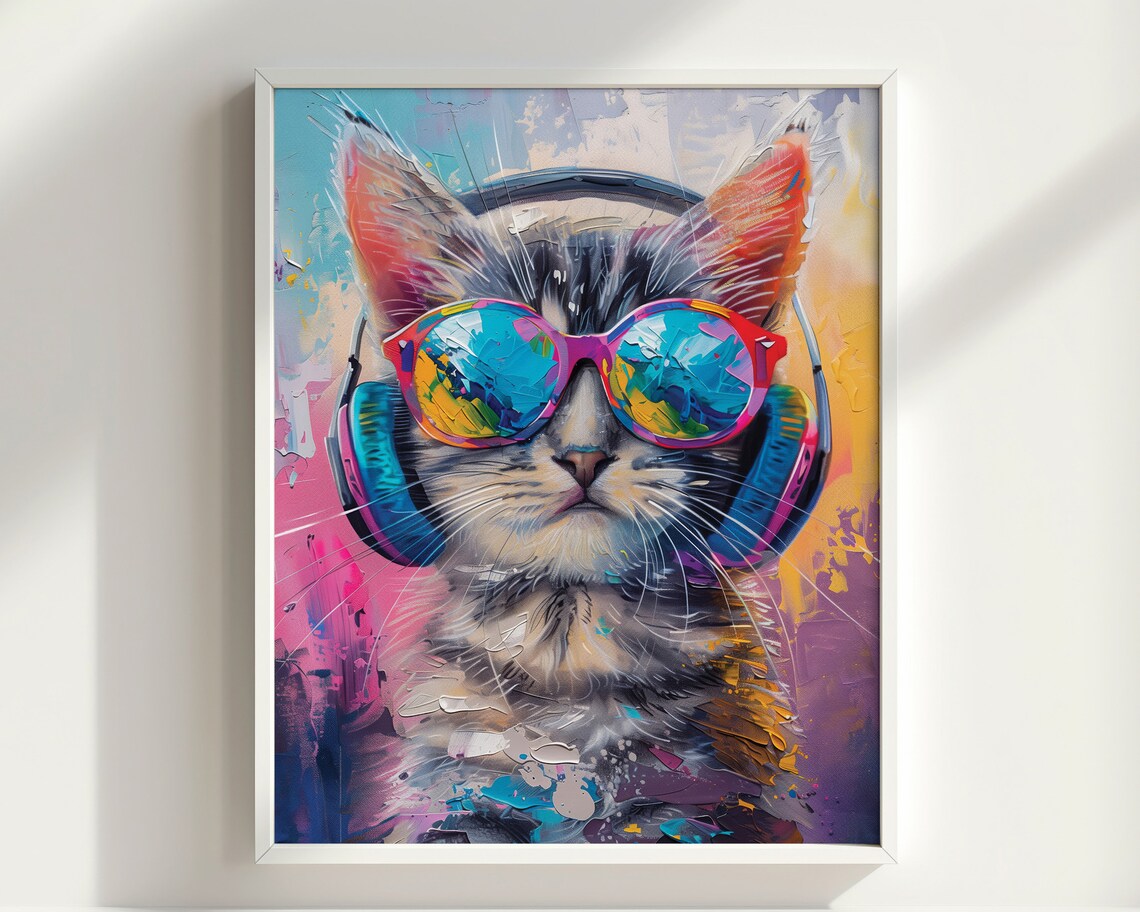 Sliver Tabby Cat With Headphone Tabby Cat Poster Cat Print Cat Funny Poster Funny Animal Print Vivid Oil Painting Cat Music Wall Art - Image 2