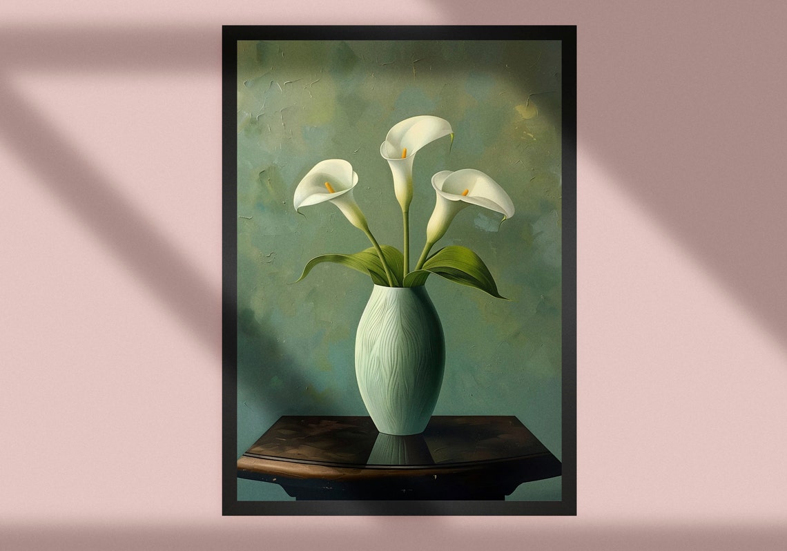 White Calla Lilies In Green Vase Botanical Still Life Poster