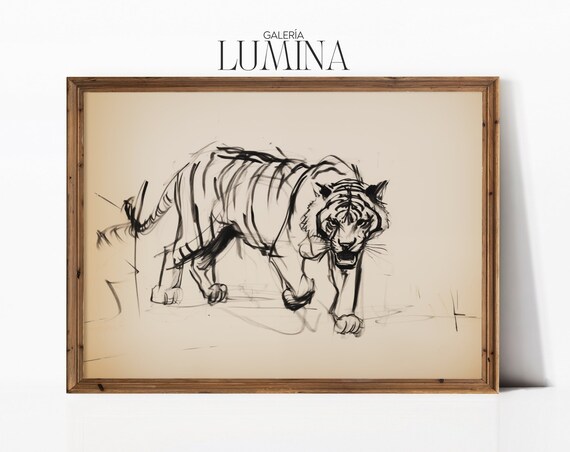 Pacing Tiger Ink Sketch Bold Wildlife Drawing Neutral Art Poster