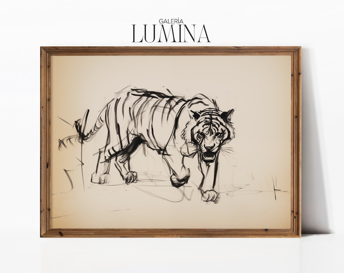 Pacing Tiger Ink Sketch Bold Wildlife Drawing Neutral Art Poster
