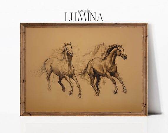 Horses Running Pencil Sketch, Minimalist Neutral Art Print