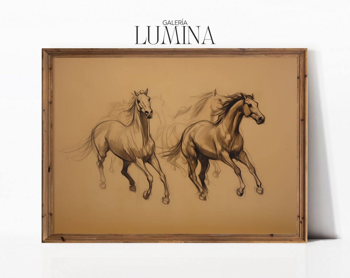 Horses Running Pencil Sketch, Minimalist Neutral Art Print