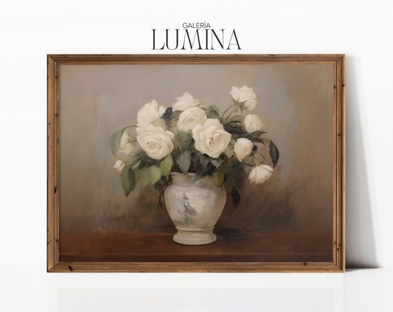 Vintage White Roses In Vase Oil Painting Still Life Moody White Flowers Art Botanical Farmhouse Print Art Frame Tv Art 272