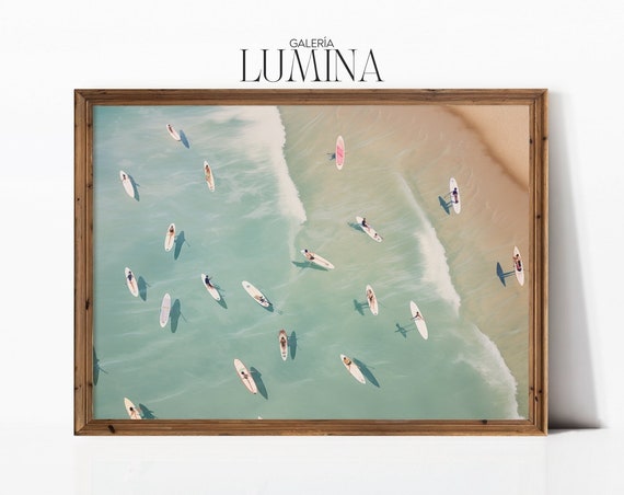 Aerial Surfers Original Photographic Painting Blue Coastal Wall Art Aerial Beach Ocean Surfers Print Art Frame Tv Art 115