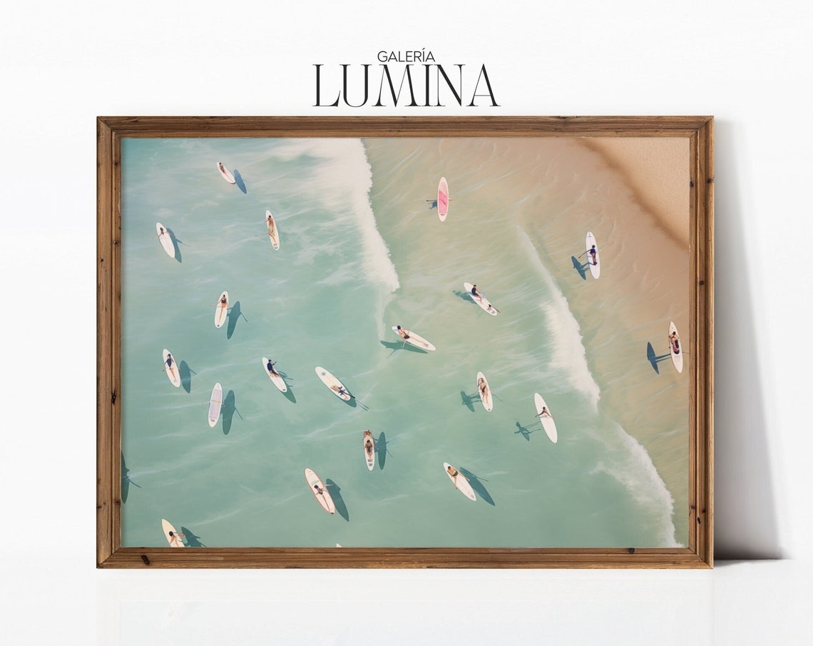 Aerial Surfers Original Photographic Painting Blue Coastal Wall Art Aerial Beach Ocean Surfers Print Art Frame Tv Art 115